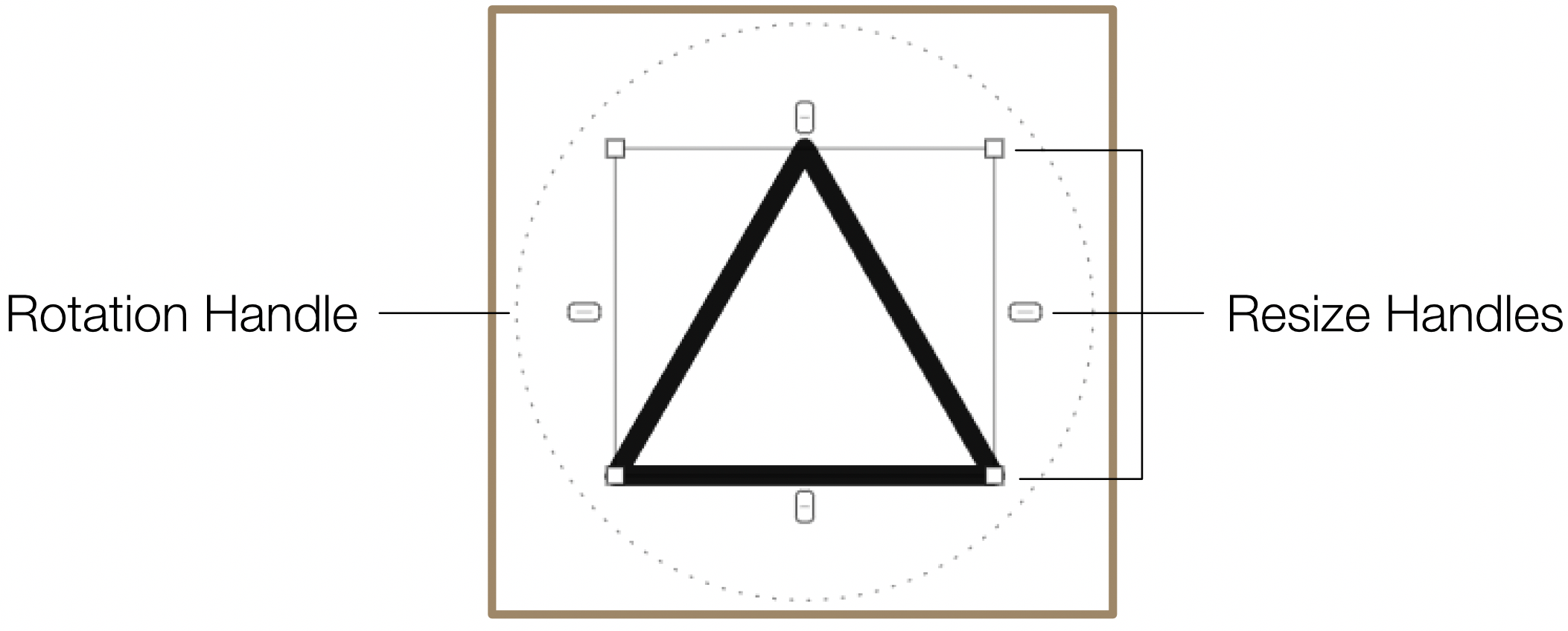 Selected object showing resize handles, rotation handle, move, group, and color controls